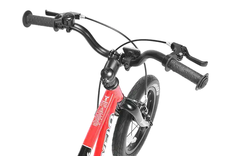 Close-up of a red balance bike handlebar with ergonomic grips & handbrakes