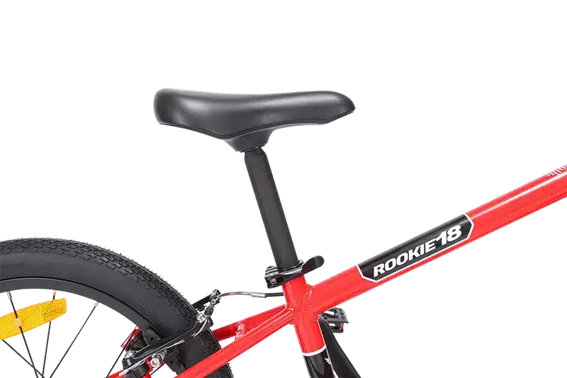 Close-up of adjustable seat of 18 inch Neon Red balance bike