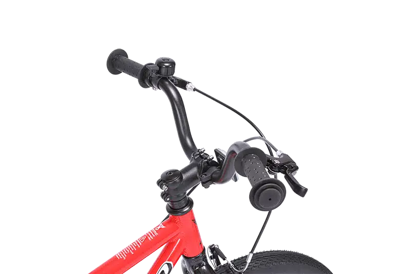 Close-up of a 18 inch red balance bike handlebar with ergonomic grips & handbrakes