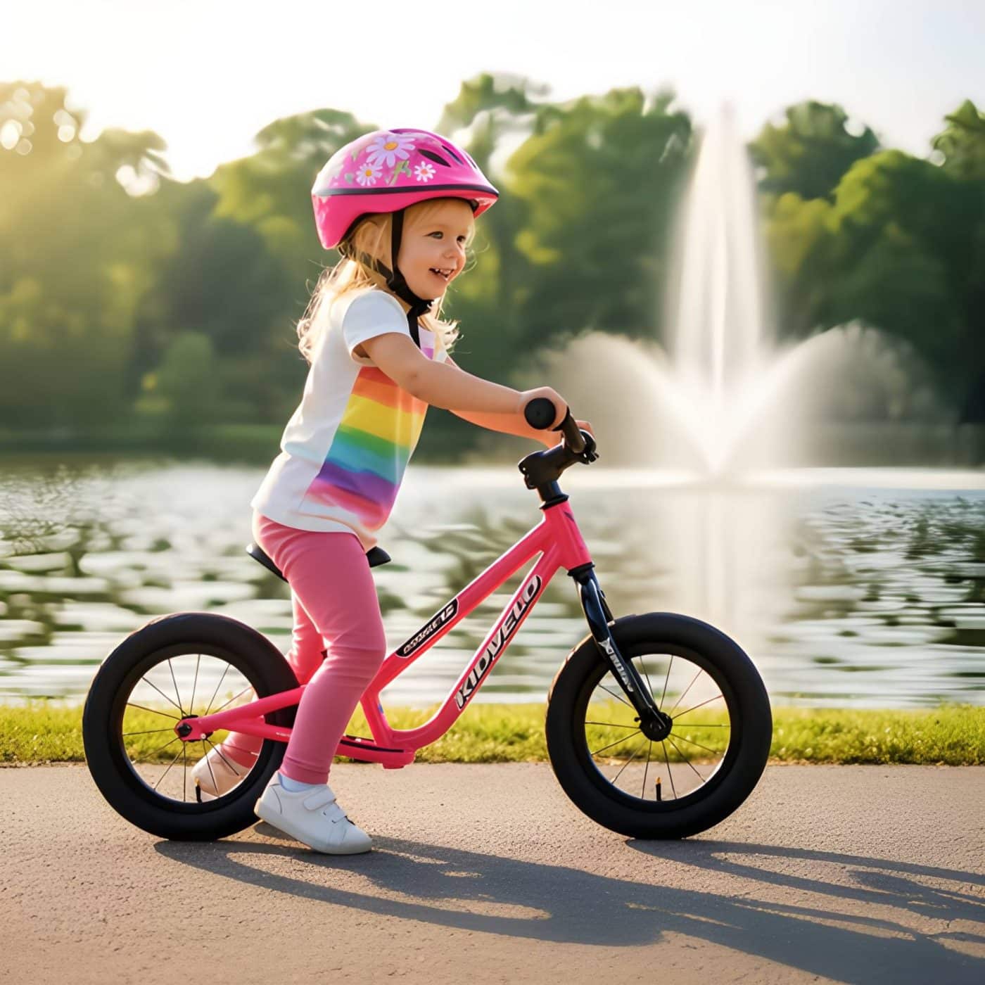 Kidvelo Rookie 12 balance bike pink - girl riding in park with lake and fountain