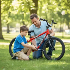 Parent helping a child maintain red kids bike in the park
