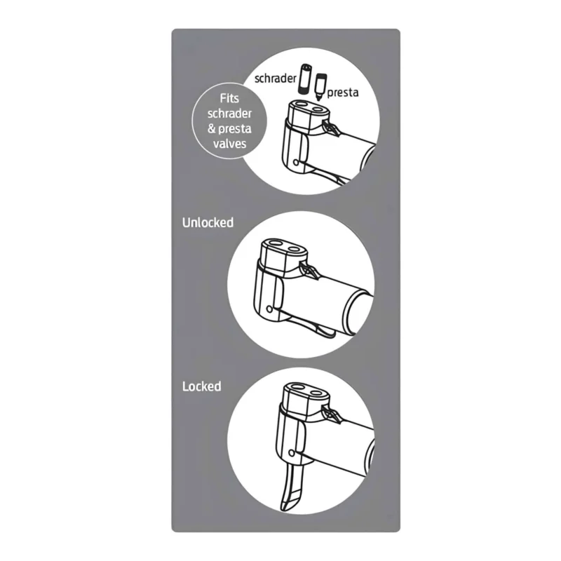 Mini Bike Pump-Lightweight Hand Pump showing Presta-Schrader valves & lock positions