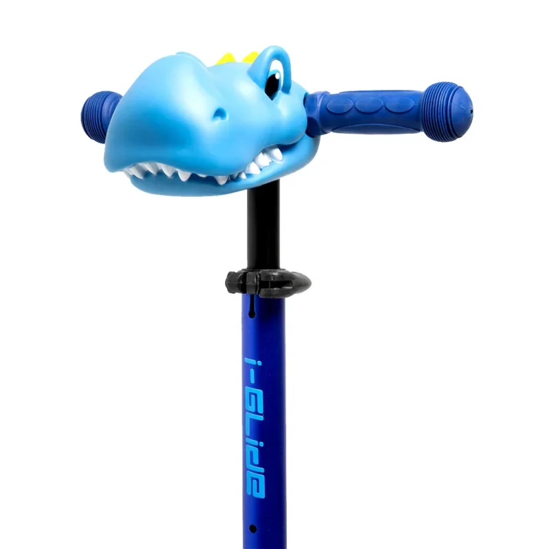 Close-up of Blue Dinosaur head of 3 wheel kids scooter