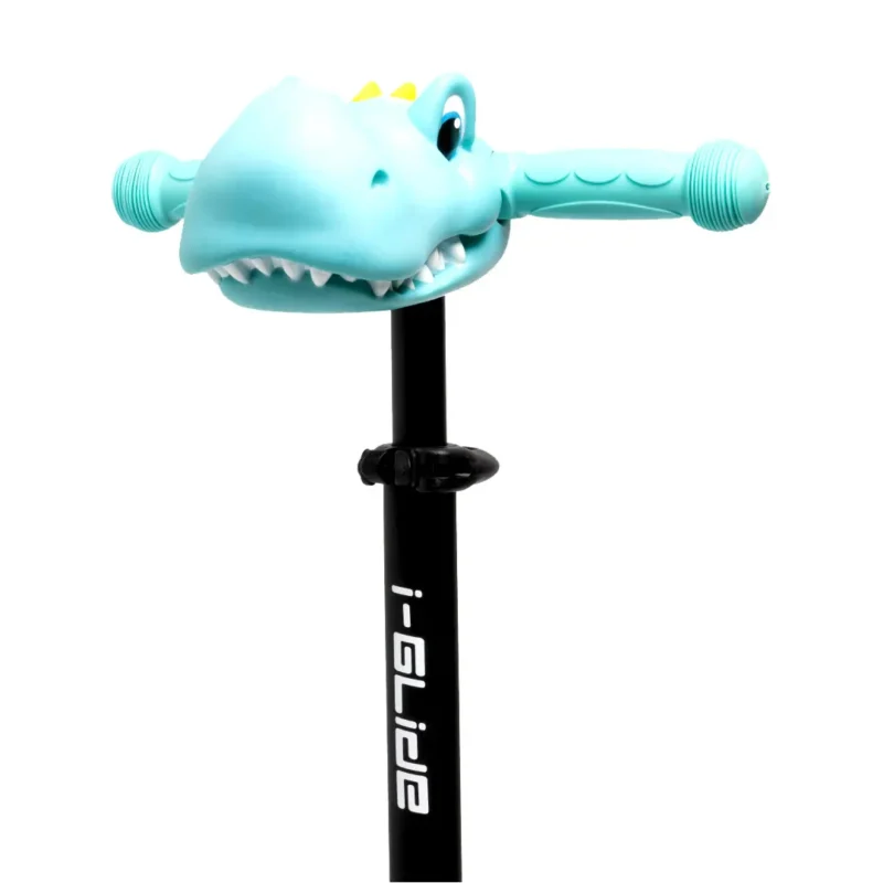 Close-up of Green Dinosaur Head of 3 wheel kids scooter