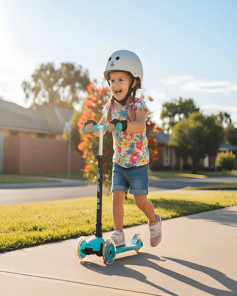 Girl riding on Aqua_Black 3 Wheel Kids Scooter with LED Lights
