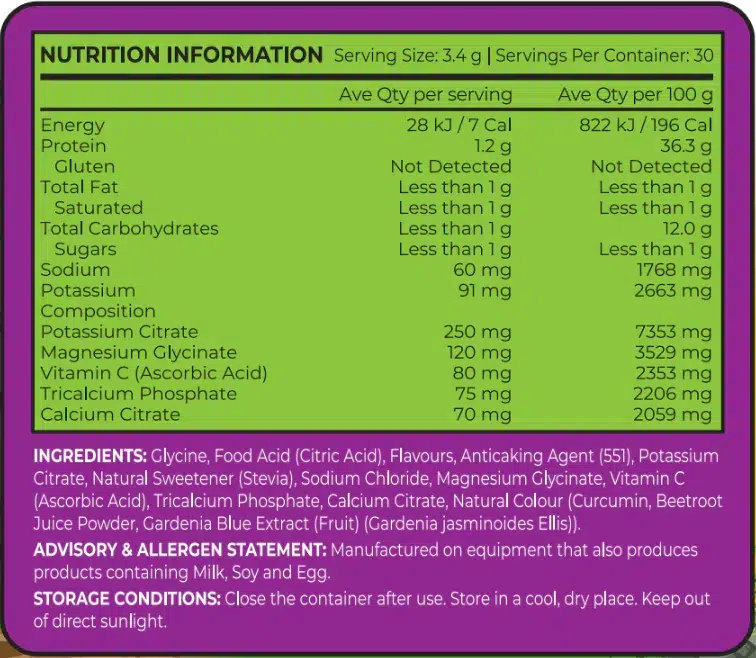 Nutritional Information & Ingredient list of Zero sugar Electrolyte_Fruity Fiesta