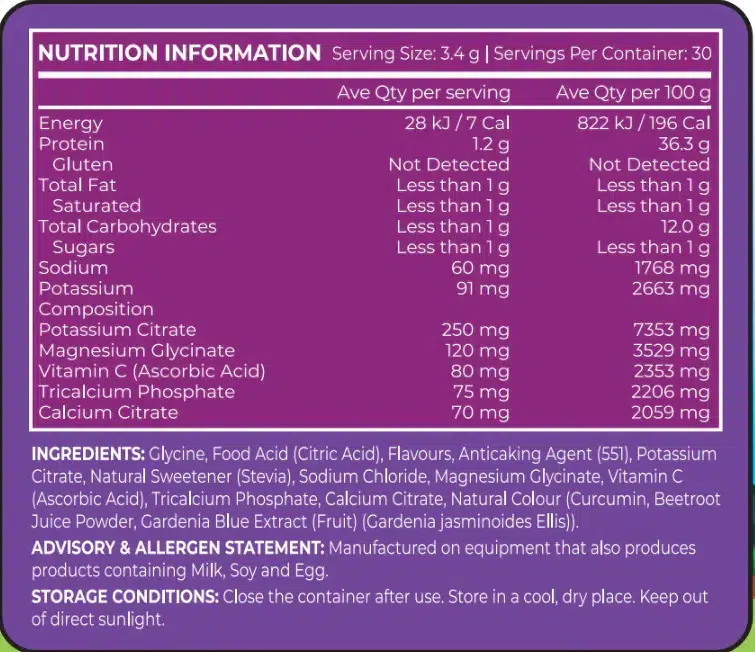 Nutrition Information & Ingredient list of Zero Sugar Electrolyte Drink Mix _ Giggly Grape