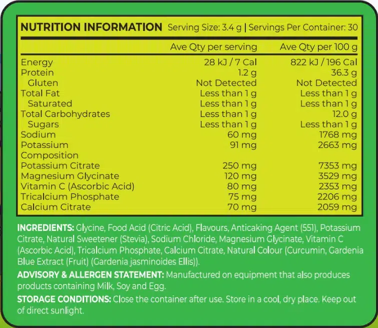 Nutritional Information & Ingredients list of Zero Sugar Electrolyte Drink Mix