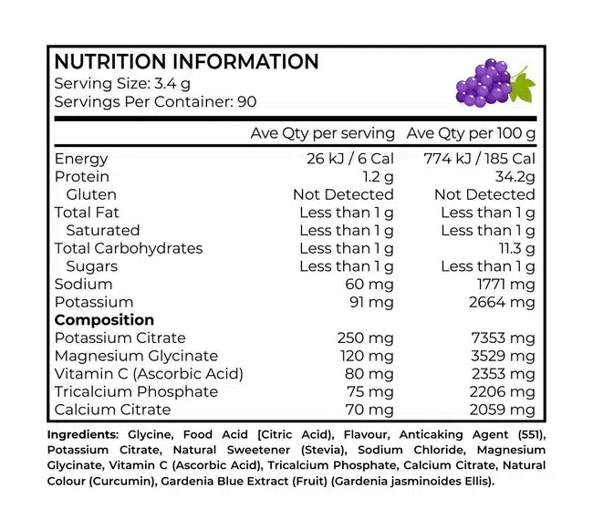Nutrition Information & Ingredient list of Zero Sugar Electrolyte Drink Mix 310 g_Grape flavour