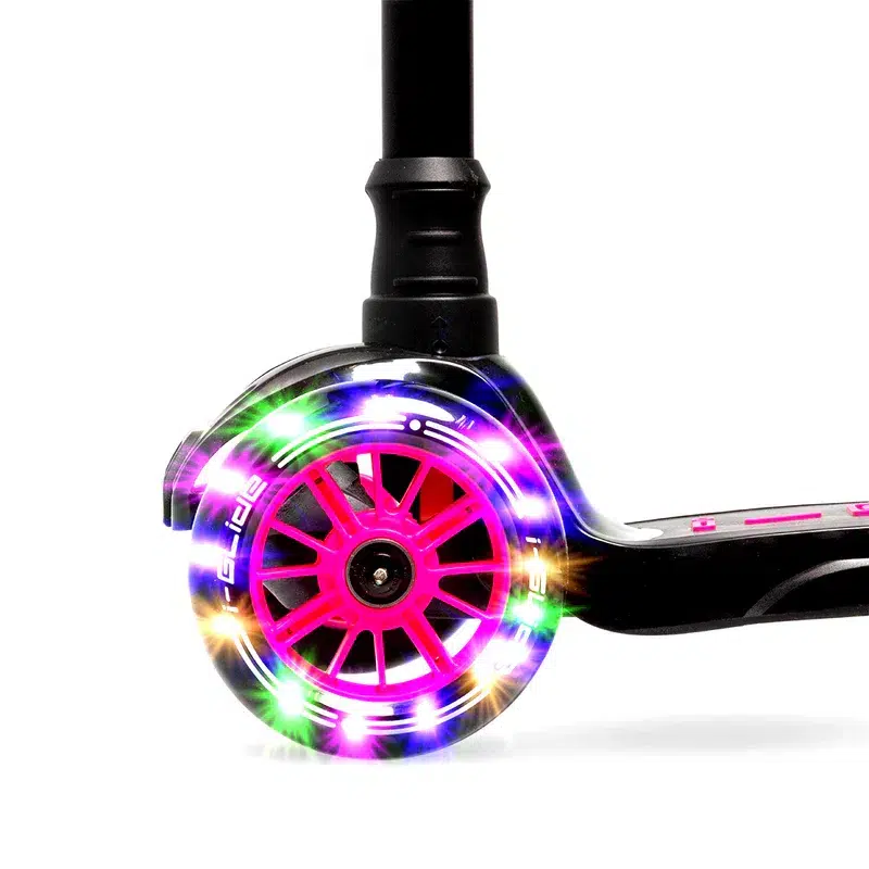 Front LED Light up wheel of Black & Pink 3 Wheel scooter for kids