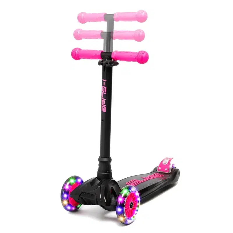 Kids 3 Wheel Scooter with LED Light up wheels in Black & Pink