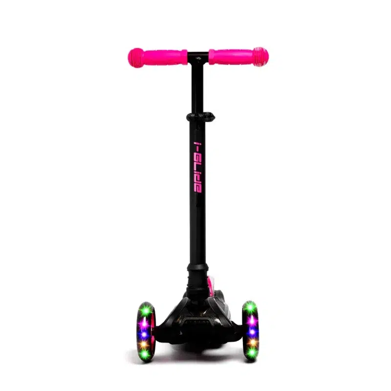 Front mid bar height view of Black & Pink kids 3 wheel scooter