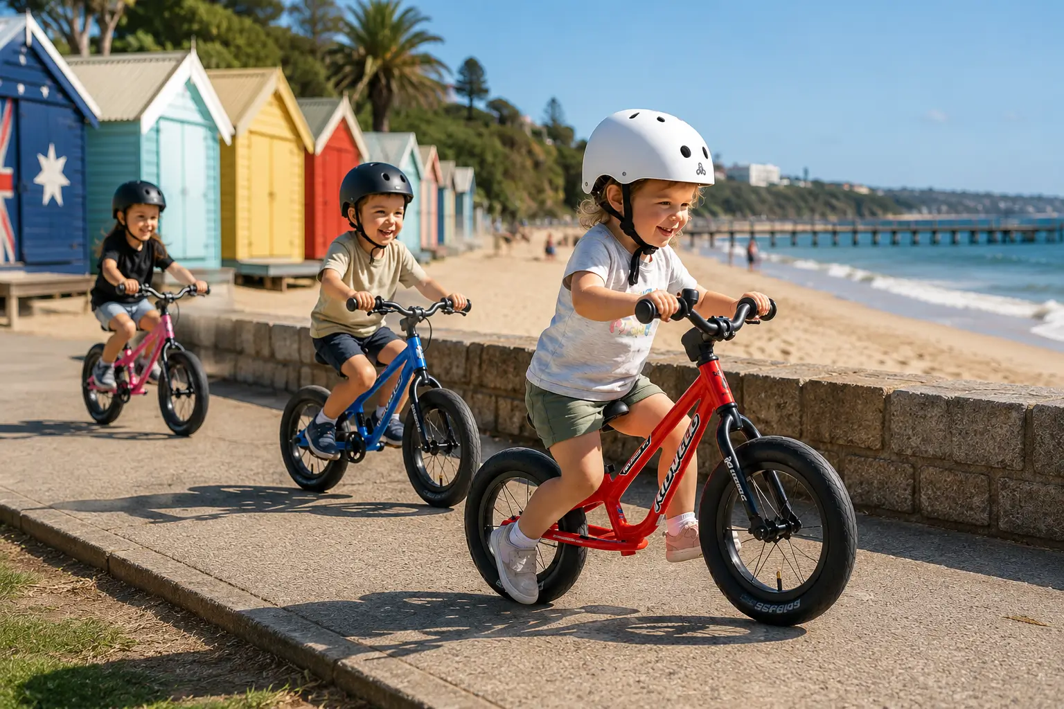kids on balance bike in Adelaide sea side