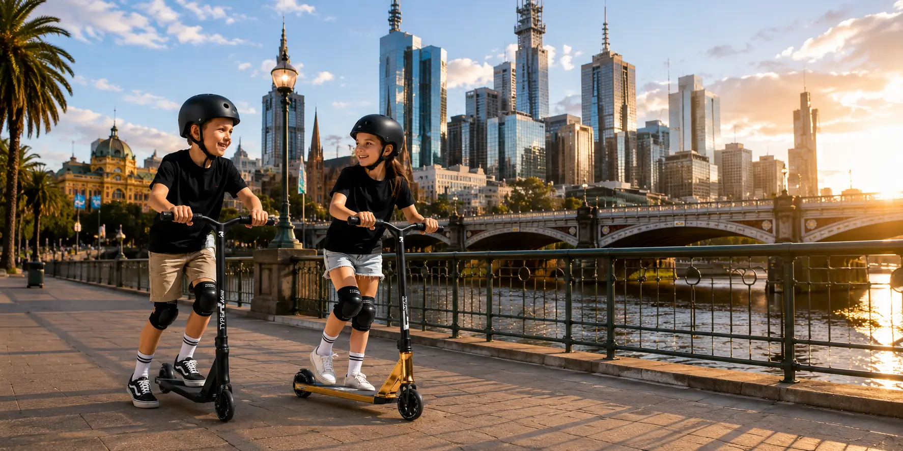 kids on scooter on a footpath in the golden hour