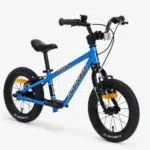 Blue Kidvelo Rookie 14 convertible balance bike in balance-bike mode, shown from the front three-quarter view for Xchange Sports Australia.