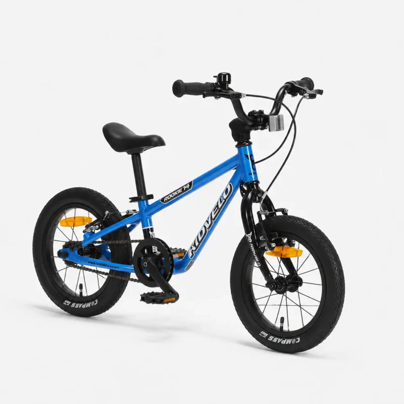 Blue Kidvelo Rookie 14 convertible pedal bike shown from the front three-quarter view for Xchange Sports Australia.