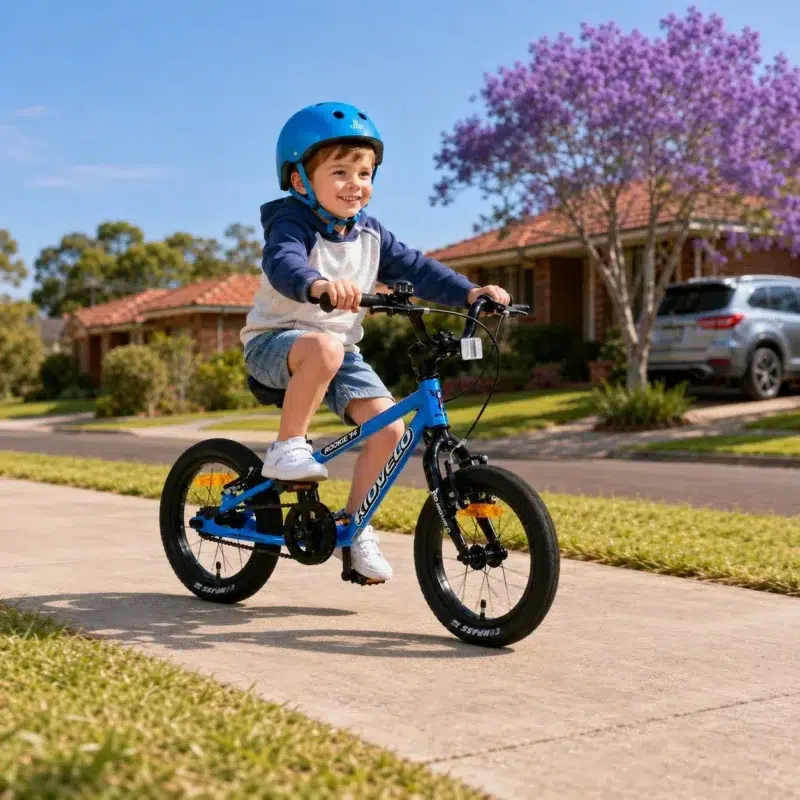Four-year-old boy wearing a blue helmet and happily pedalling a blue Kidvelo Rookie 14 through an Australian neighbourhood.