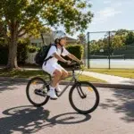 10-year-old boy wearing a silver glitter helmet and backpack riding a graphite-grey Kidvelo Rookie 24 pedal bike towards a neighbourhood tennis court, available from Xchange Sports Australia.