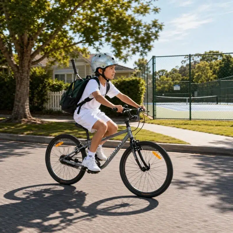 10-year-old boy wearing a silver glitter helmet and backpack riding a graphite-grey Kidvelo Rookie 24 pedal bike towards a neighbourhood tennis court, available from Xchange Sports Australia.