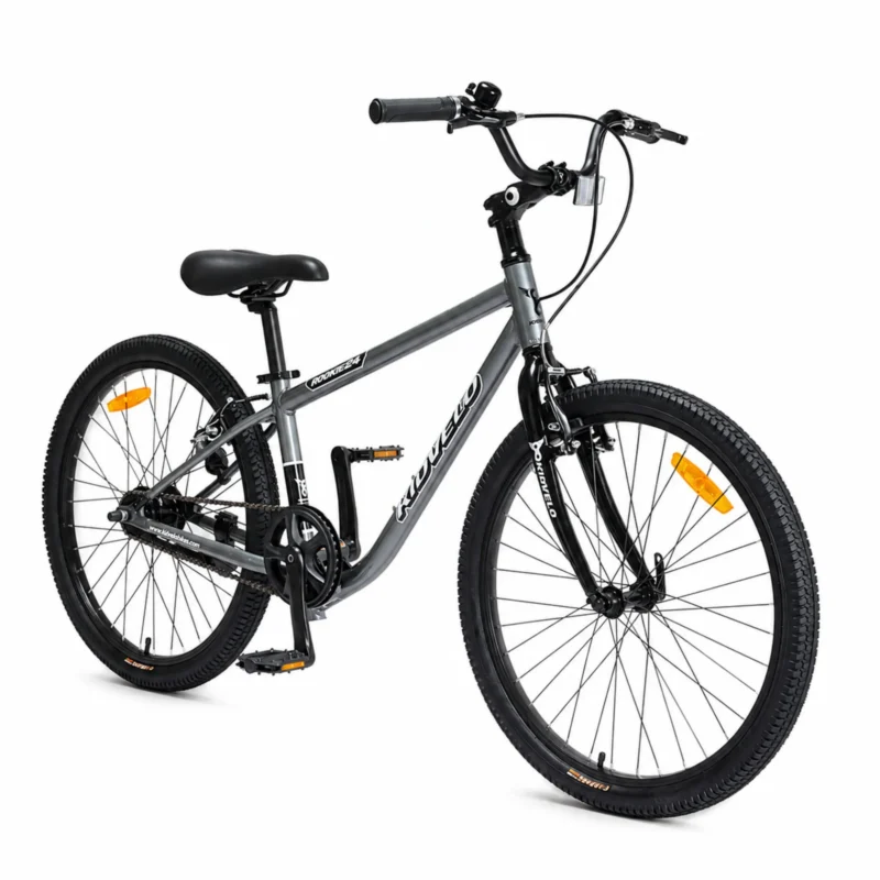 kidvelo-rookie-24-convertible-balance-bike-with-pedals-graphite-grey-pedal-mode-front-three-quarter-view-xchange-sports-australia
