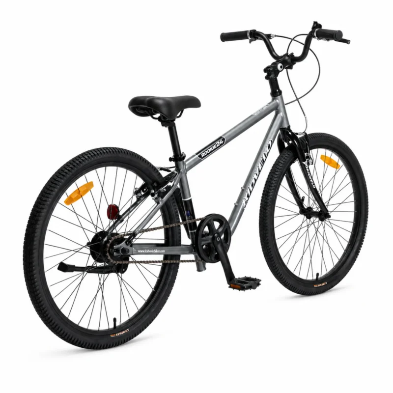 kidvelo-rookie-24-convertible-balance-bike-with-pedals-graphite-grey-pedal-mode-rear-three-quarter-view-xchange-sports-australia